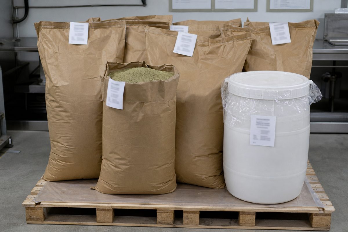 25 kg food-grade brahmi powder bags and a sealed HDPE extract drum staged on an export pallet