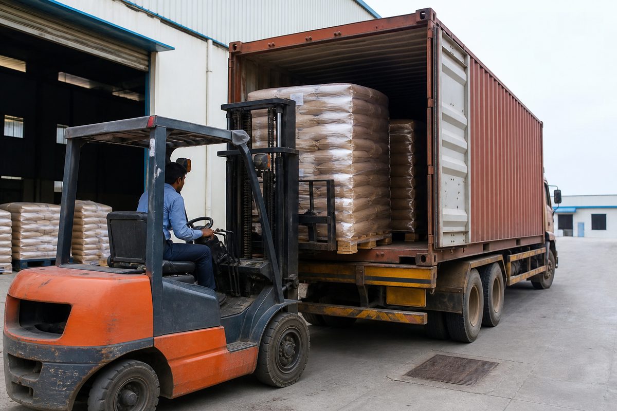 Forklift loading palletized Indian brahmi powder bags onto a truck for Mundra or Nhava Sheva port haul