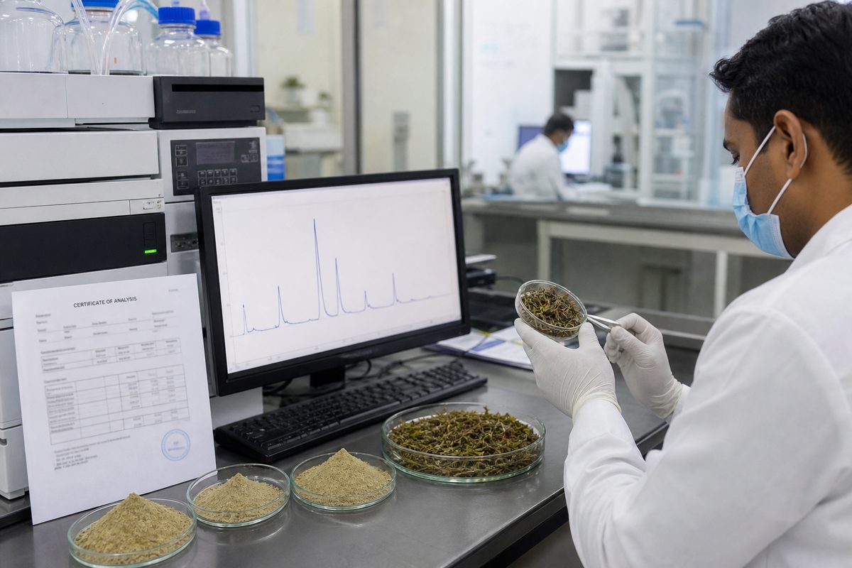HPLC chromatogram and Certificate of Analysis review for Indian brahmi bacoside, moisture, and micro release