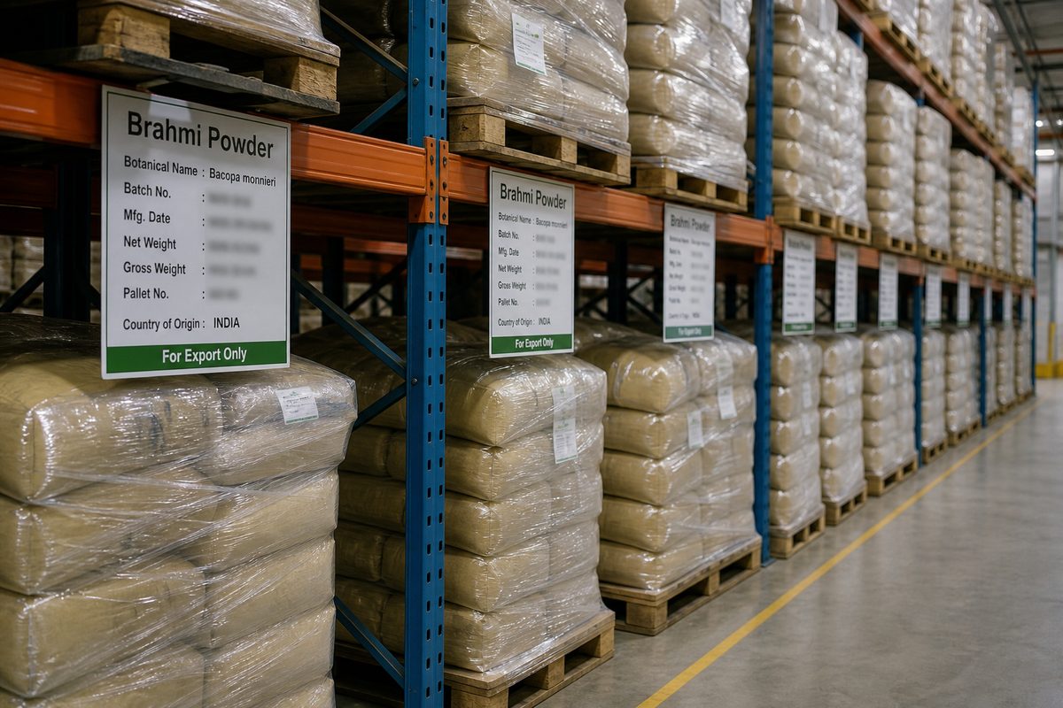 Stretch-wrapped pallets of Indian brahmi powder bags on dry export warehouse racks