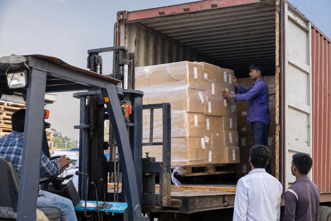 Forklift stuffing palletized brass decorative cartons into an ocean shipping container for FCL export
