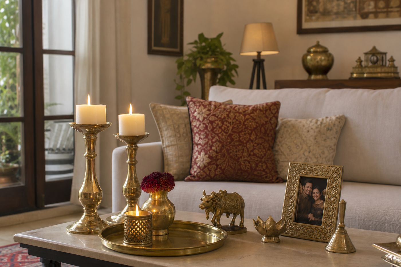 Indian polished brass candle holders trays and figurines styled in a modern home interior