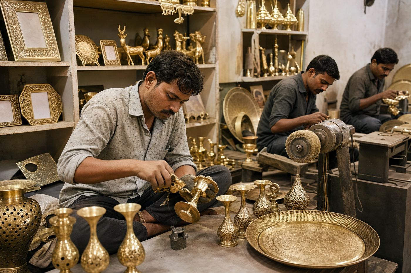 Moradabad artisans polishing brass candle holders trays and decorative figurines in an Indian export workshop
