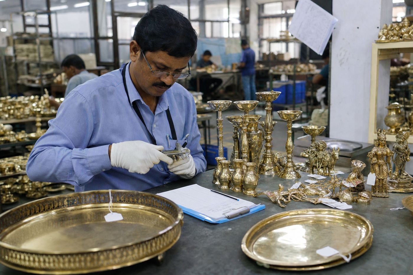 Export quality inspector measuring polish consistency and checking dents on Indian brass decorative samples