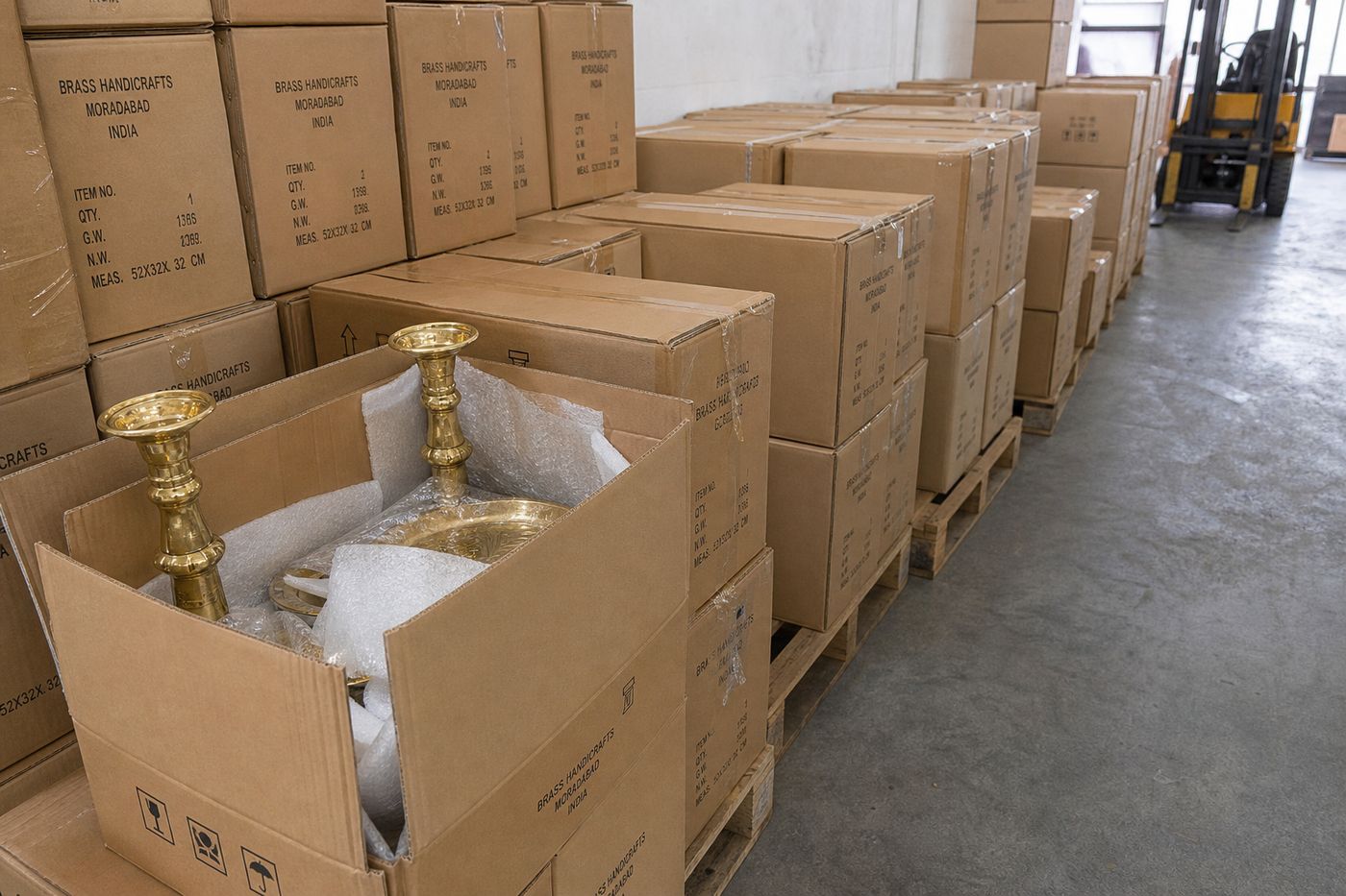 Palletized export cartons of Indian brass decorative items staged in a dry warehouse aisle