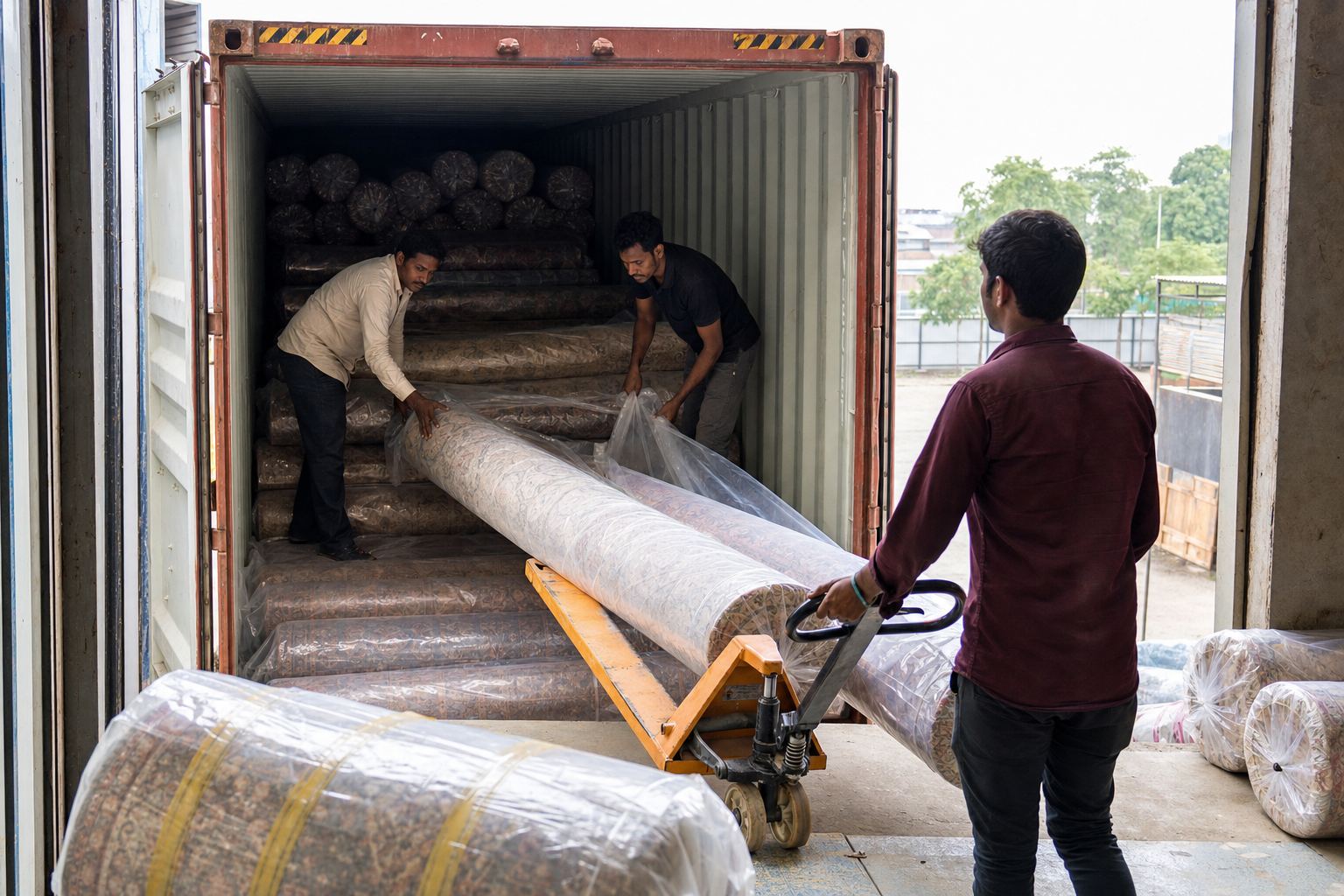 Workers loading poly-wrapped Indian carpet rolls into a shipping container at an export warehouse dock