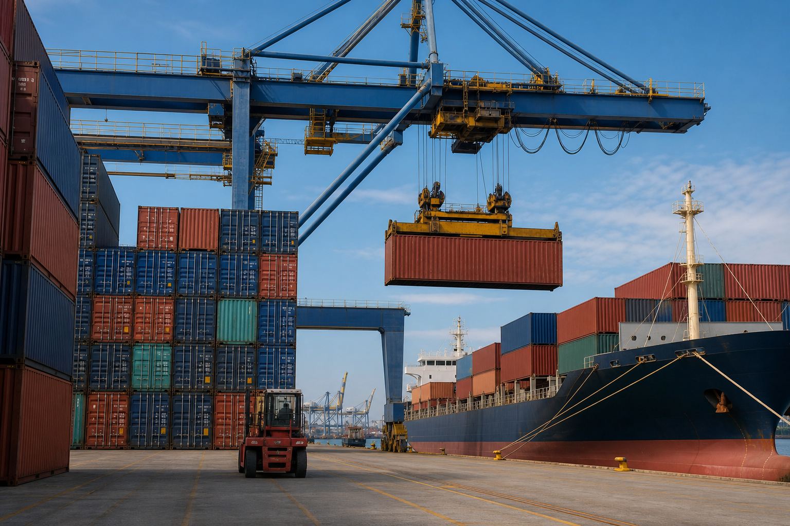 Shipping containers and gantry crane at an Indian seaport preparing ocean freight for carpet exports
