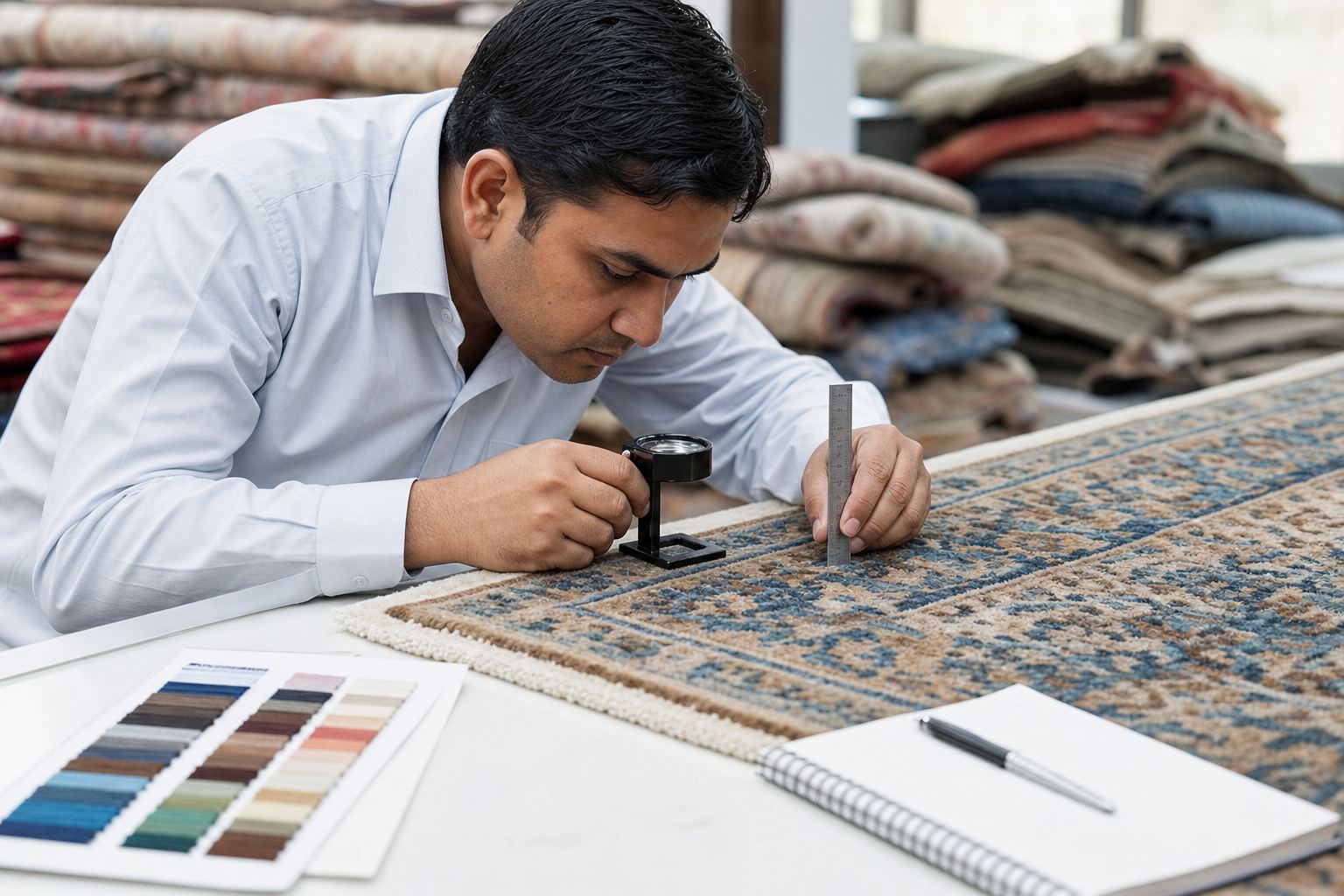 Quality inspector checking knot density and pile height on a finished Indian hand-knotted wool rug