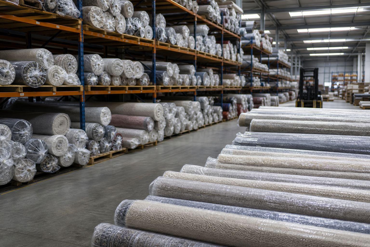 Export warehouse storing rows of poly-wrapped Indian carpet and rug rolls ready for order picking