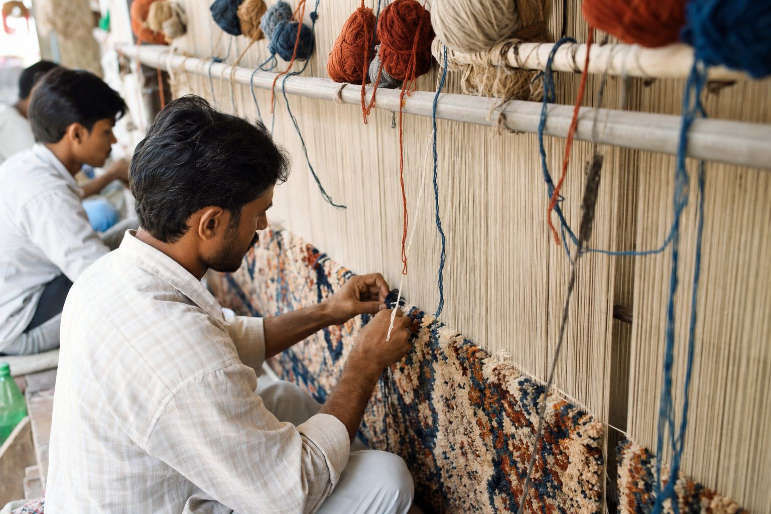 Indian artisans hand-knotting a wool carpet on a traditional vertical loom in a Bhadohi-style workshop