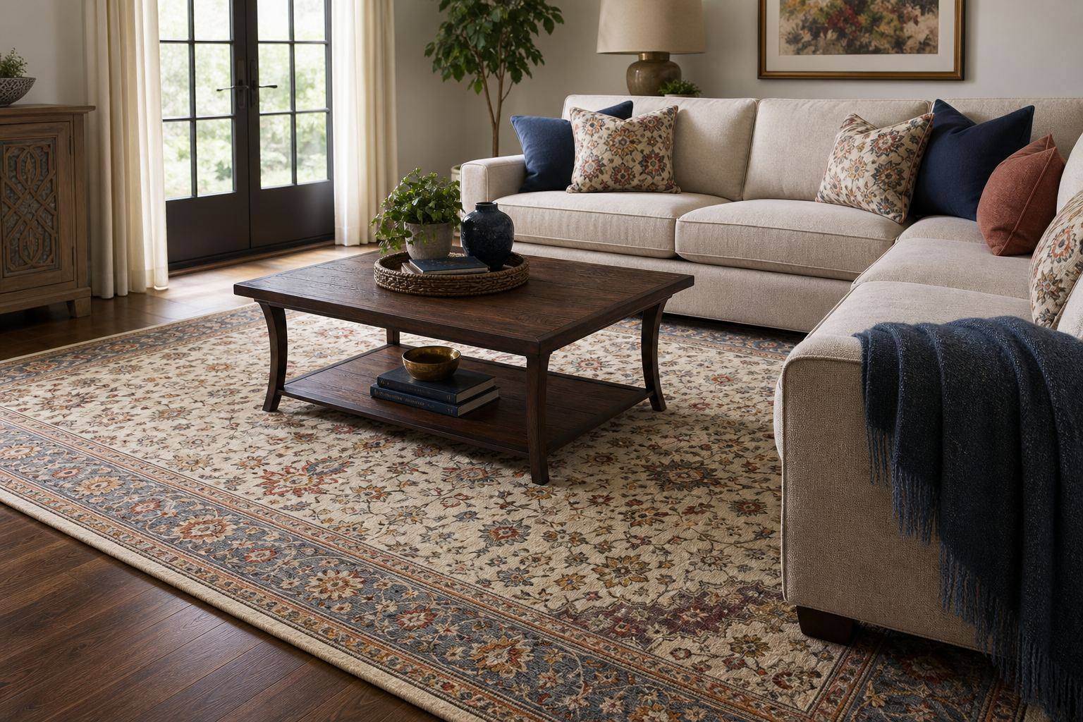 Indian hand-knotted wool area rug styled in a modern living room as a finished consumer end-use application
