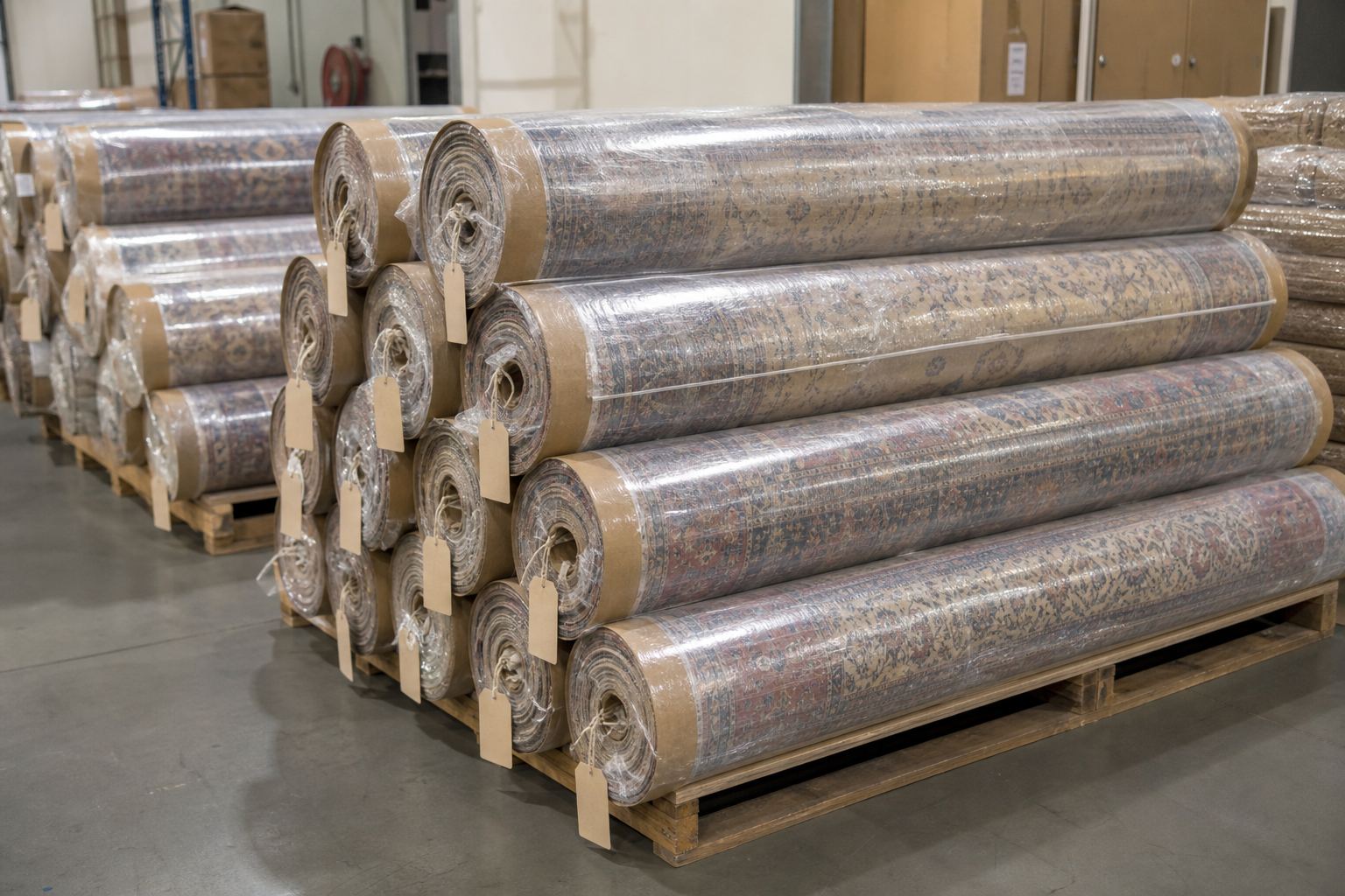 Poly-wrapped rolled Indian carpets with edge protection and SKU tags staged on export pallets