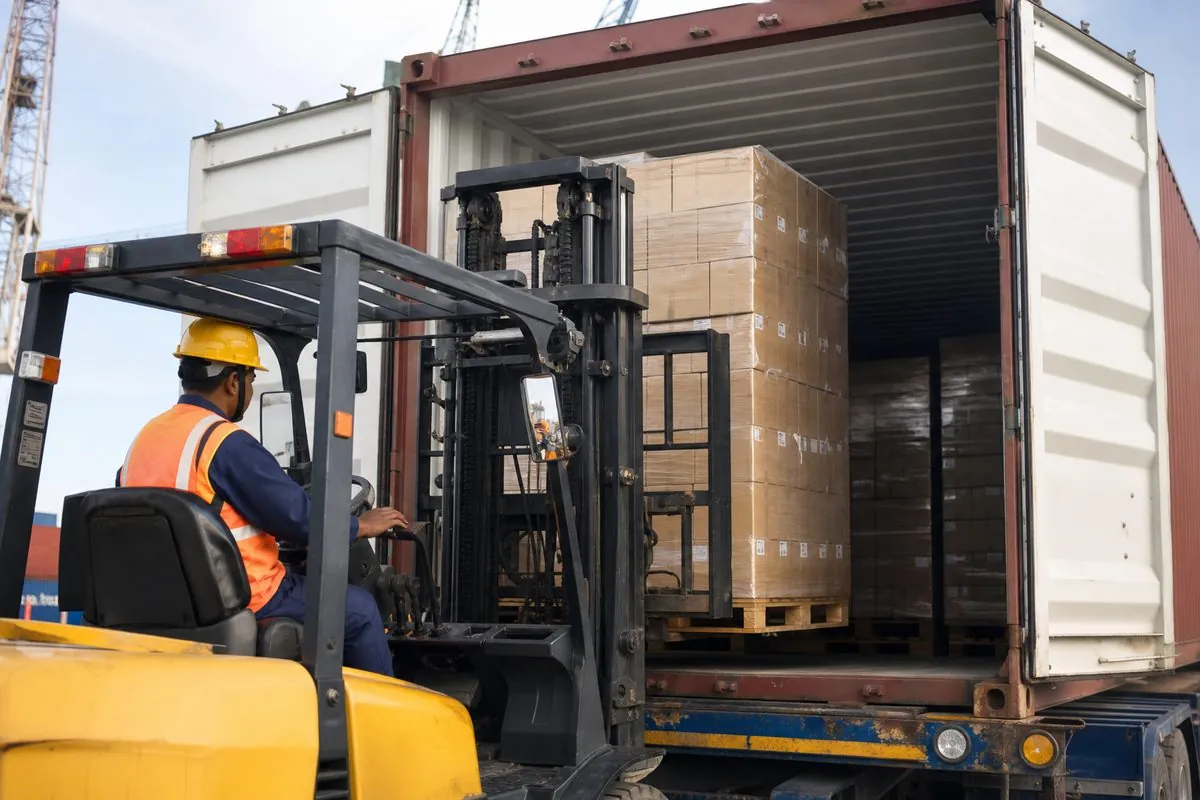 Forklift stuffing palletized Christmas ornament cartons into an ocean shipping container for FCL export from India