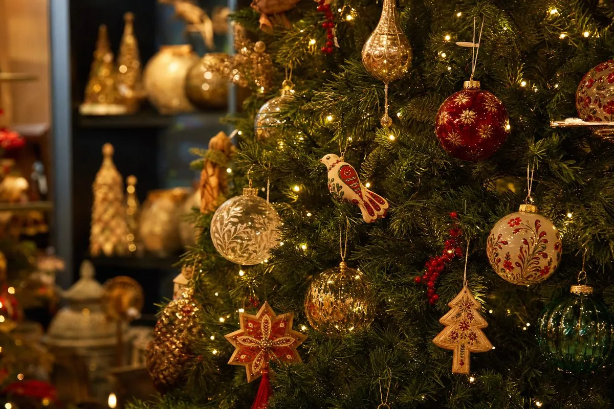 Indian Christmas ornaments displayed on a holiday tree for retail specialty private-label and gift set end use