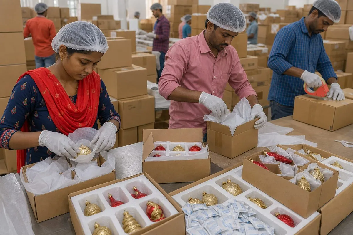 Workers packing Indian Christmas ornaments into crush-protected corrugated export cartons with tissue separators