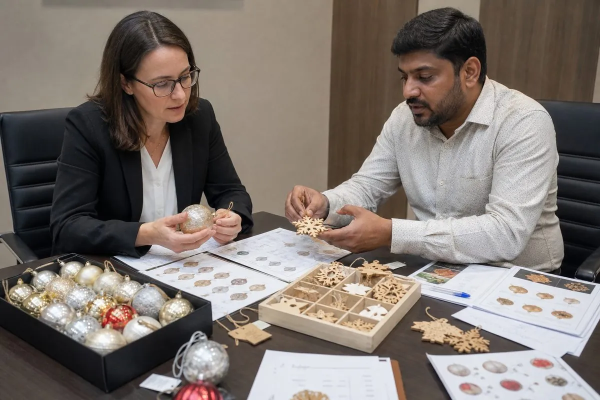 International buyer reviewing Indian Christmas ornament samples with export specification sheets at a B2B sourcing meeting