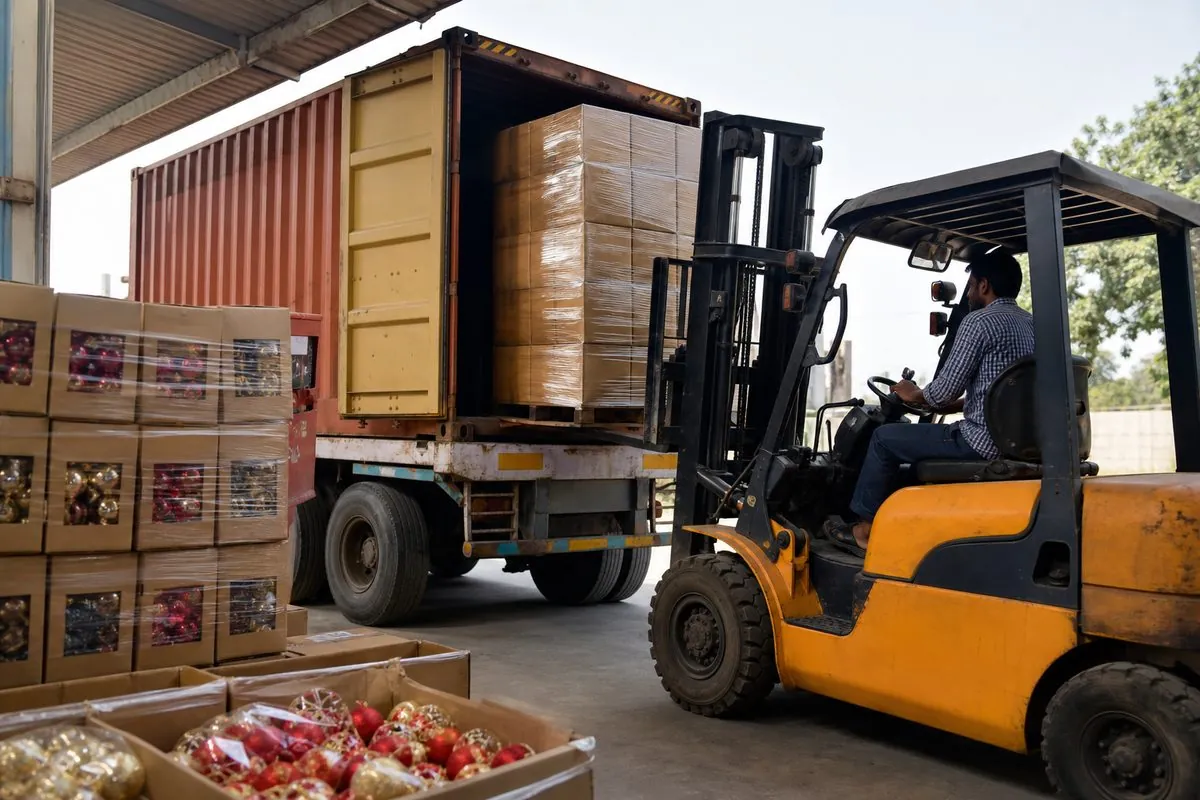 Forklift loading palletized Indian Christmas ornament cartons onto an export freight truck at a warehouse dock