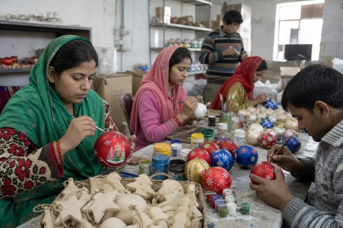 Indian artisans painting and finishing Christmas ornaments in an export workshop for festive décor manufacturing
