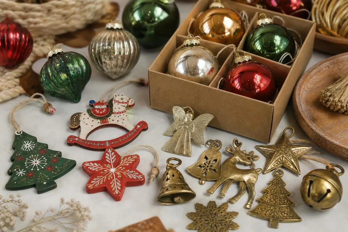 Close-up of Indian Christmas ornaments for export — glass baubles, hand-painted wooden motifs, and metal festive hangers under HS 95051000