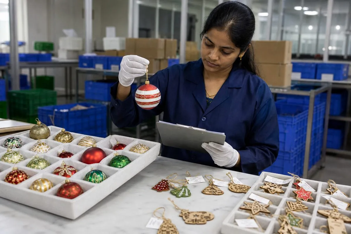 Quality inspection of Indian Christmas ornaments checking paint adhesion hang-loop strength and finish consistency before export
