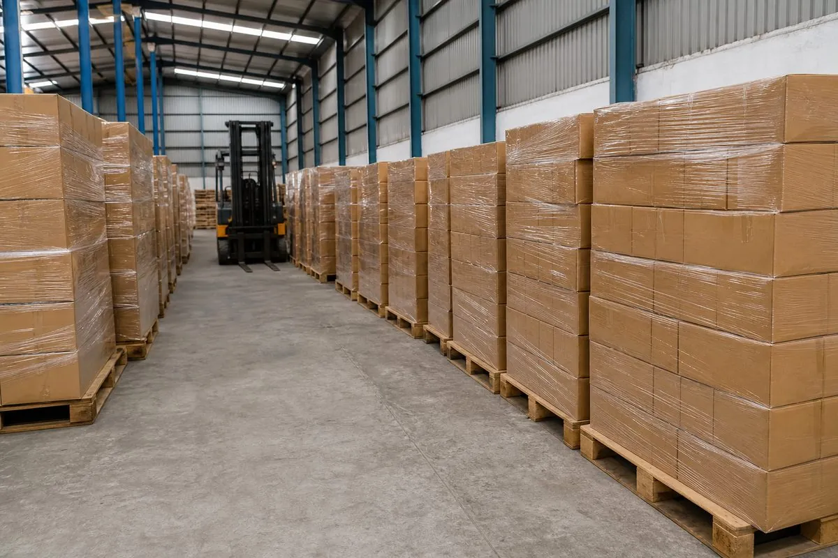 Palletized export cartons of Indian Christmas ornaments staged in a dry warehouse aisle near Delhi-NCR