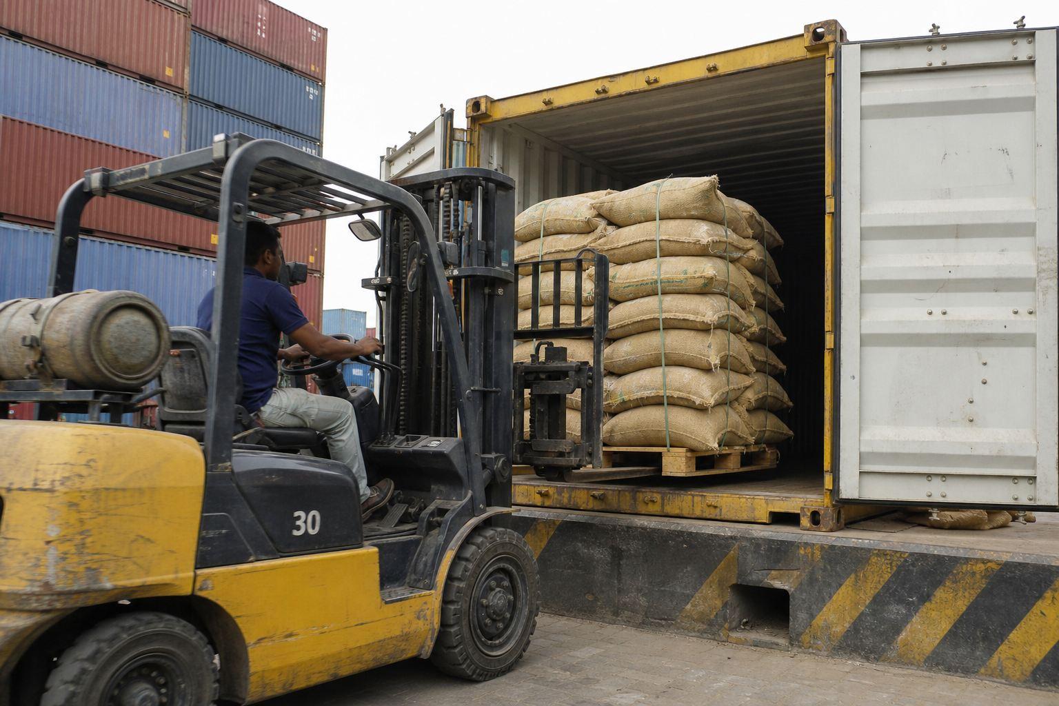 Forklift stuffing palletized jute bags of Indian green coffee into a 20-foot shipping container for FCL export