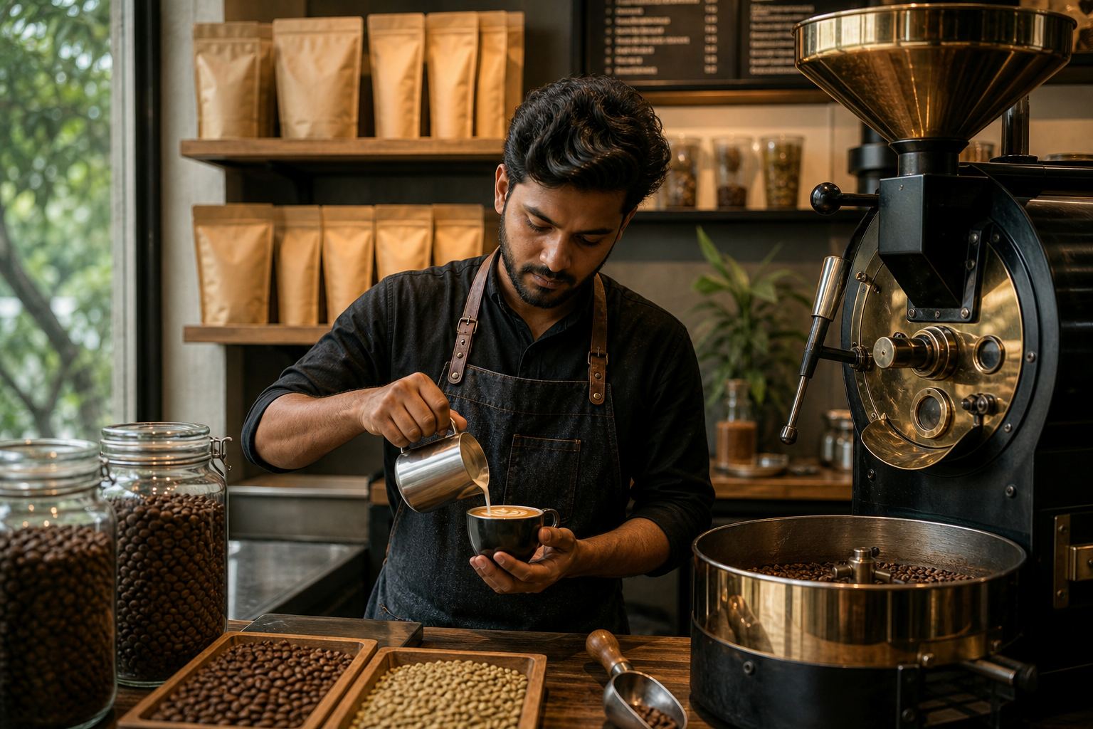 Barista preparing espresso from roasted Indian Arabica coffee beside retail pouches in a specialty cafe