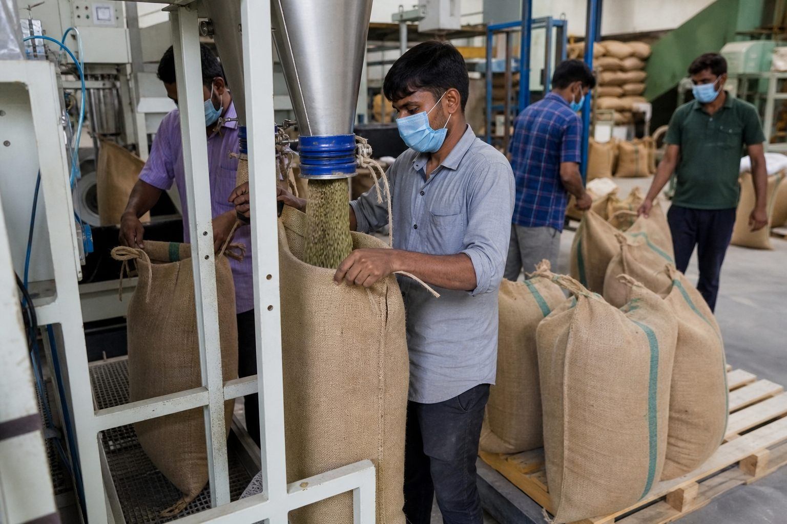 Export packing line filling GrainPro-lined jute bags with graded Indian green coffee beans