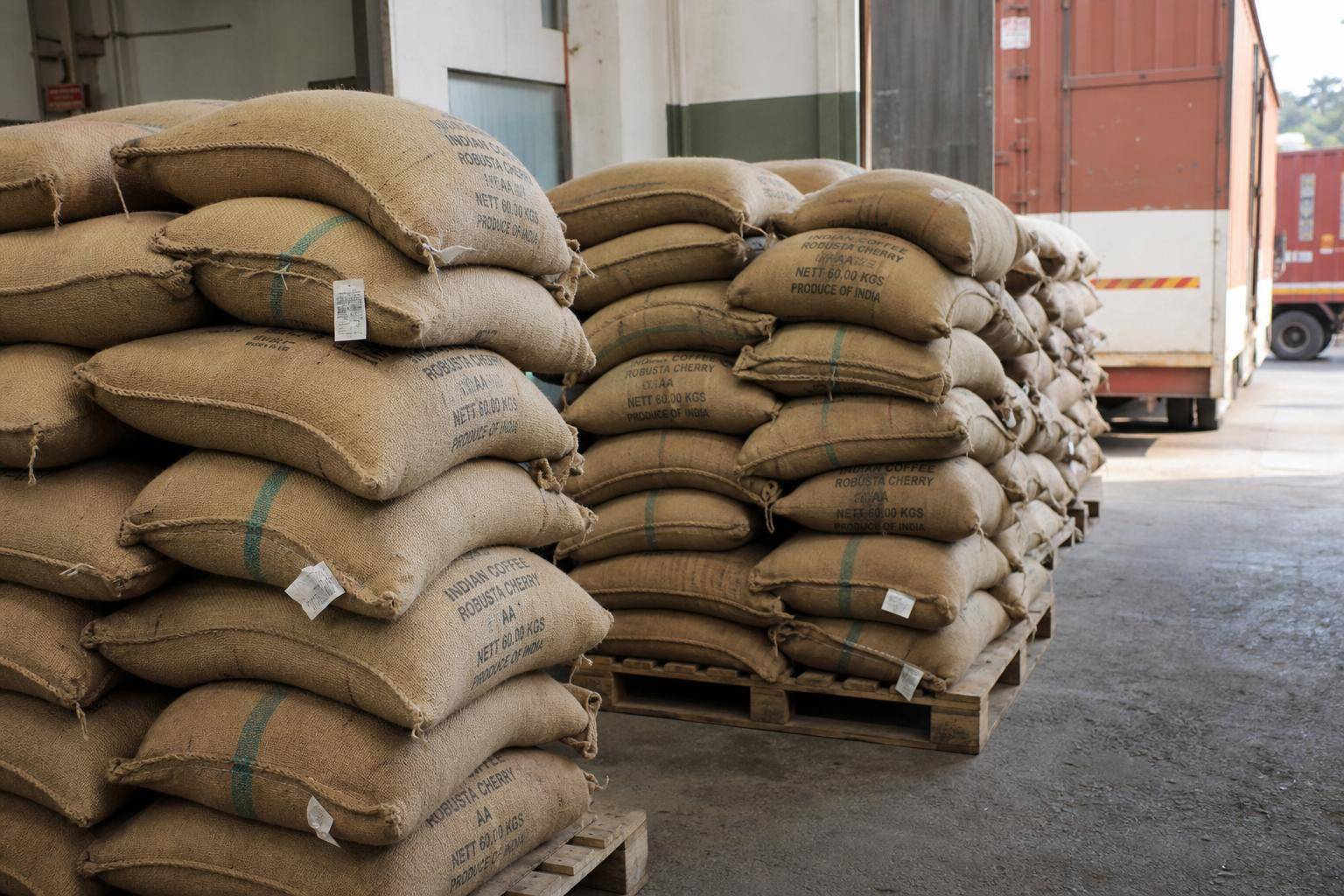 Stacked labelled jute coffee export sacks on pallets in an Indian warehouse staging area