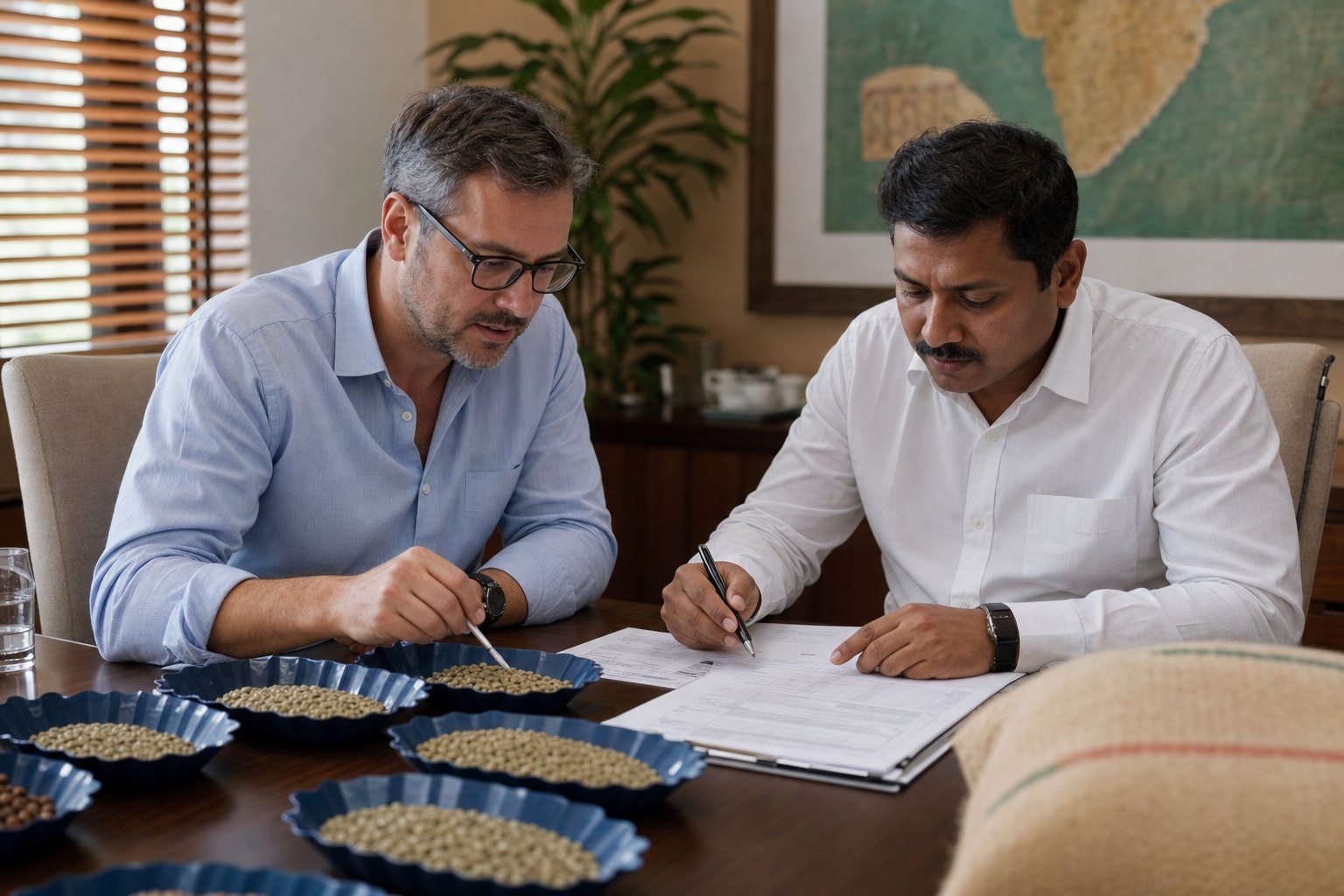 International buyer and Indian coffee exporter reviewing green bean samples and shipping documents at a sourcing meeting