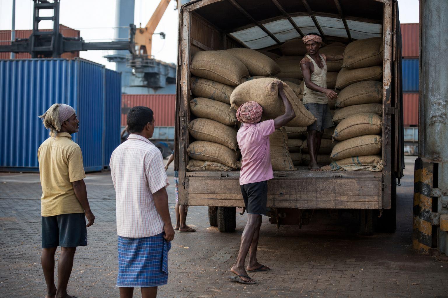 Truck loading jute bags of Indian green coffee at a port logistics yard near shipping containers