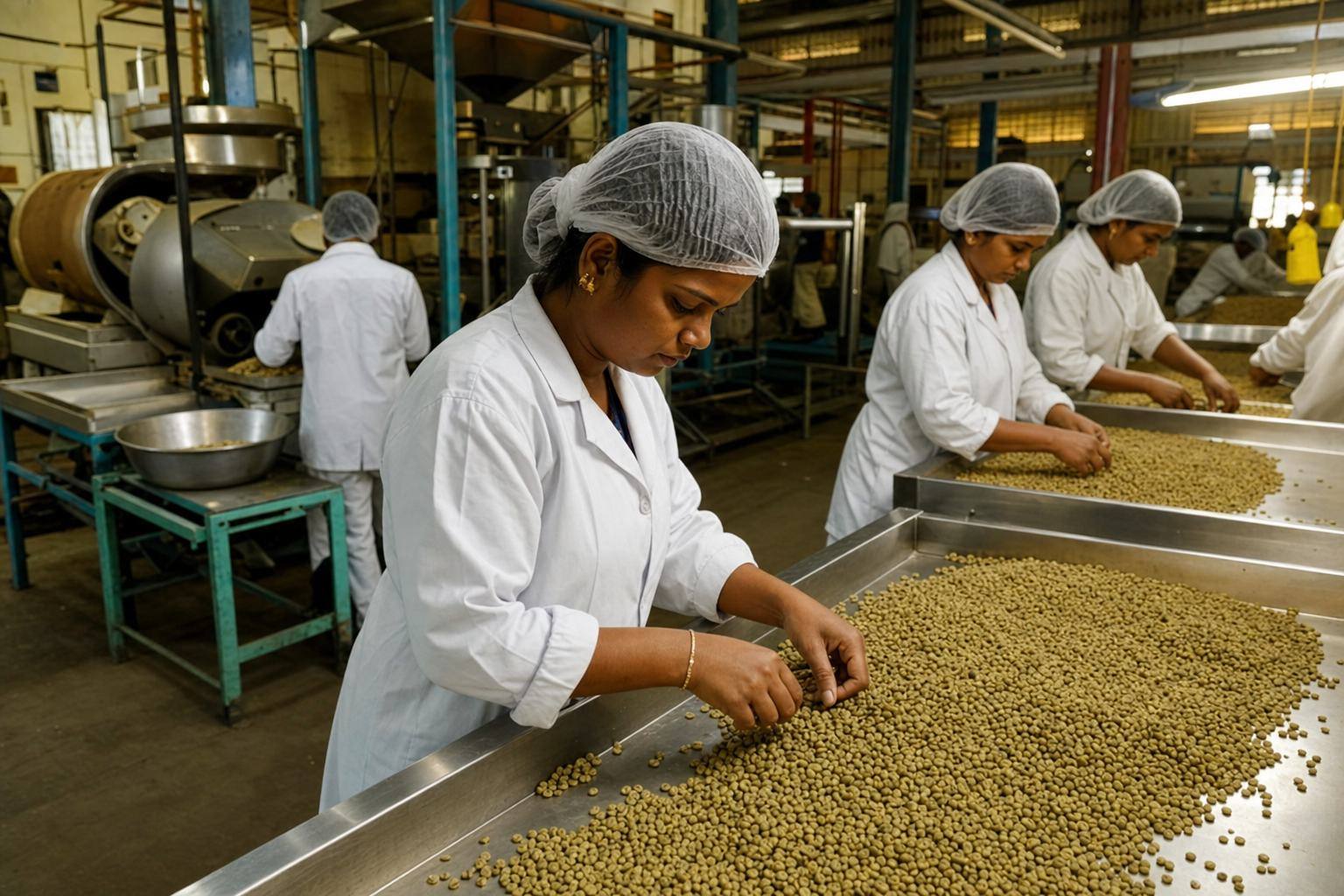 Workers processing coffee cherries on pulping and grading lines inside an Indian coffee curing works