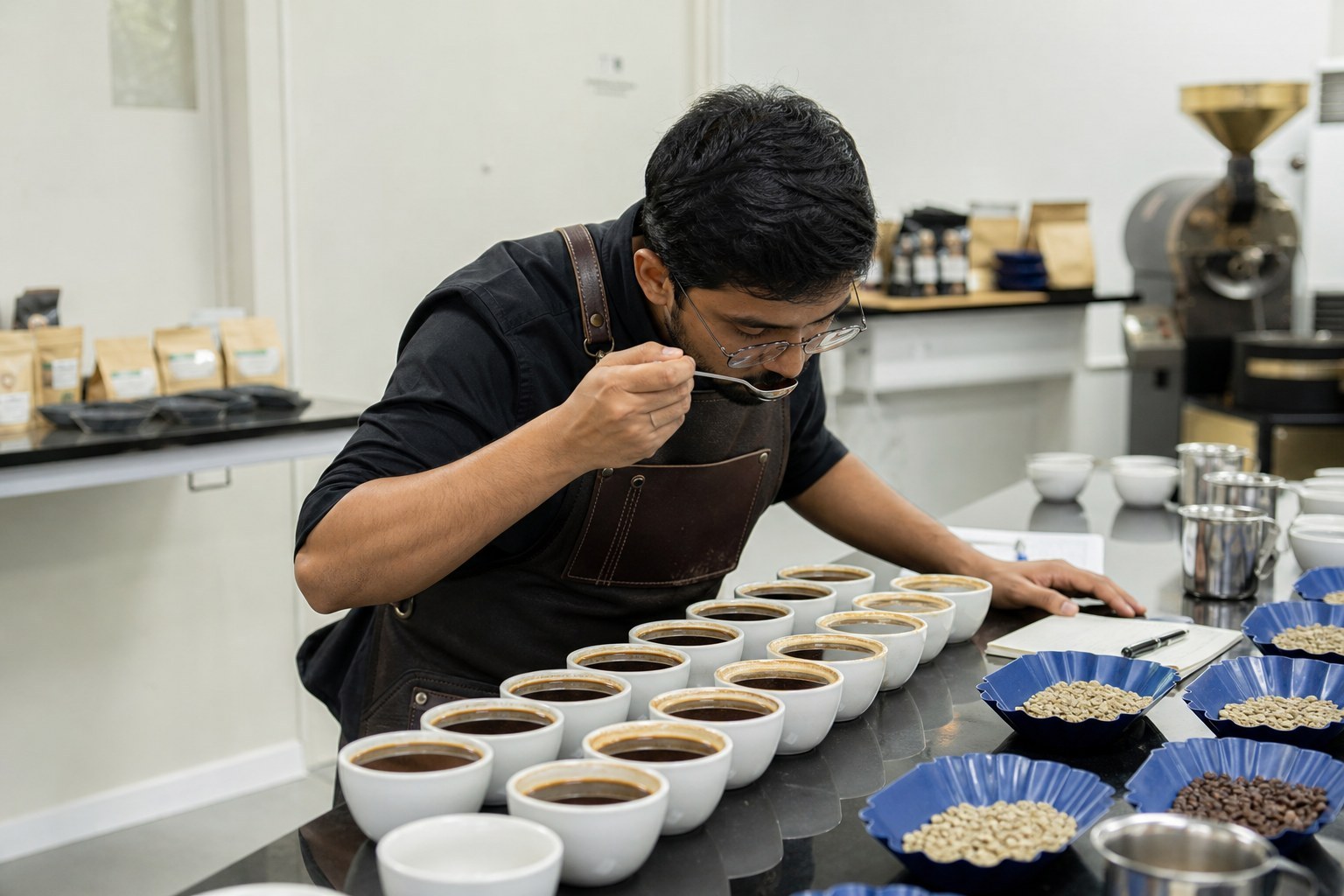 Coffee cupper evaluating Indian Arabica and Robusta samples beside green bean trays in an export quality lab