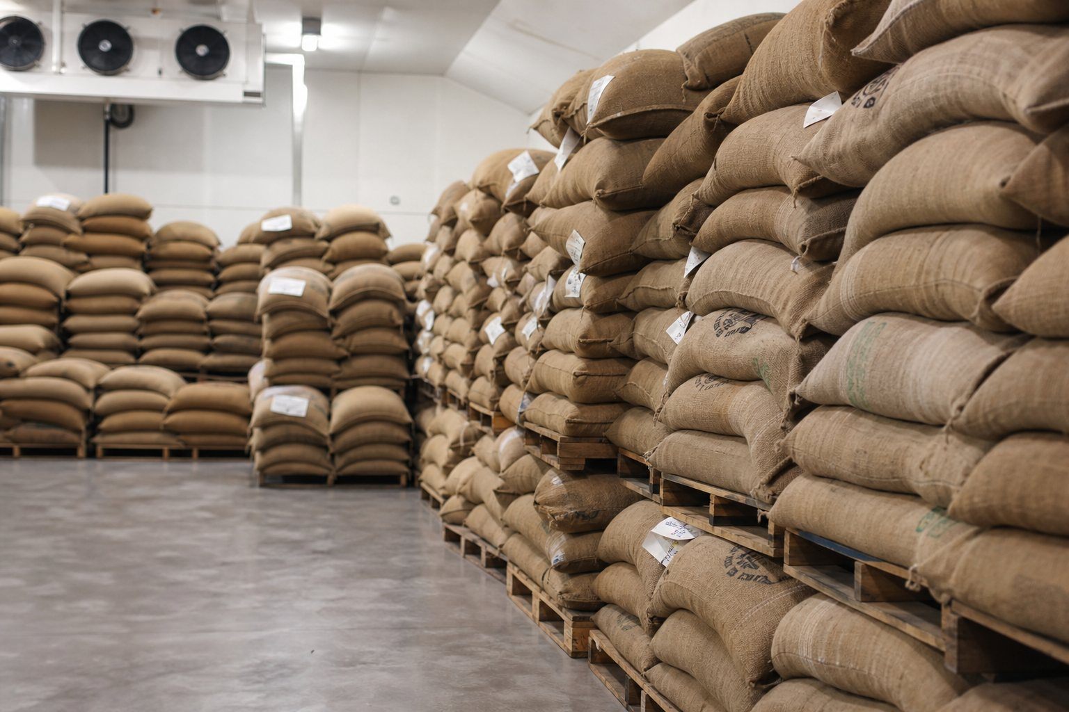 Stacked jute bags of green coffee stored in a humidity-aware Indian export warehouse