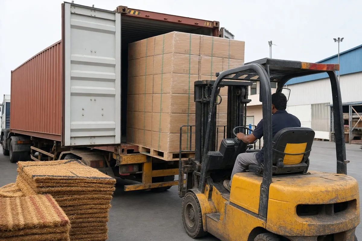 Forklift stuffing palletized cartons of Indian coir mats into a shipping container for FCL export