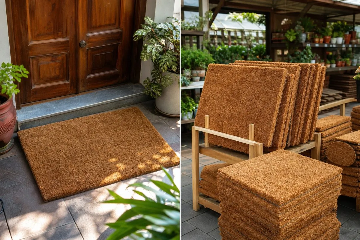 Natural coir doormat at a home entrance and garden-centre display showing retail end-use applications