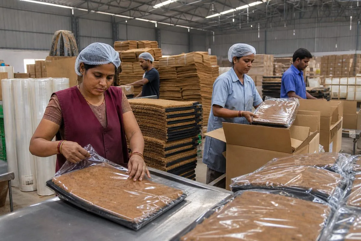 Workers packing PVC-backed coir doormats into poly bags and corrugated master cartons for export