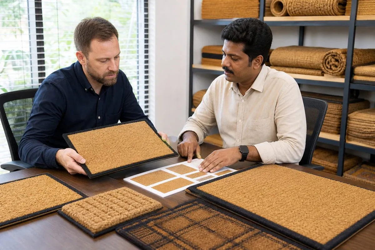 International buyer and Indian merchant exporter reviewing coir mat samples and export specifications