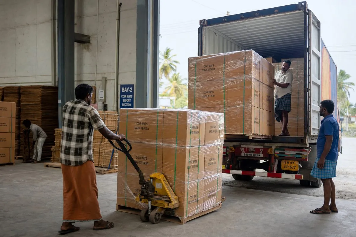 Workers loading palletized cartons of Indian coir mats onto a truck at an export warehouse dock