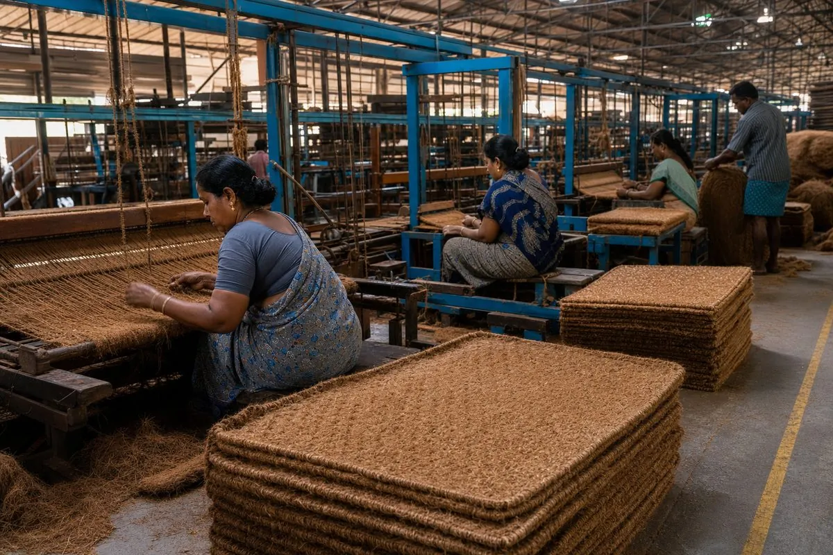 Workers weaving coir mats on looms in an Alappuzha Kerala coir manufacturing unit