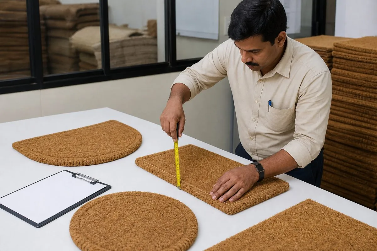 Quality inspector measuring coir mat size, pile height, and edge binding on export QC samples