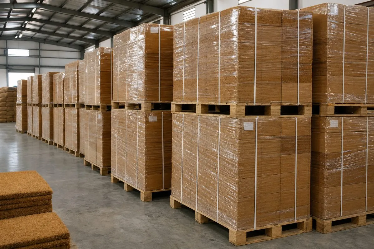 Palletized cartons of Indian coir mats staged in a dry export warehouse before port loading