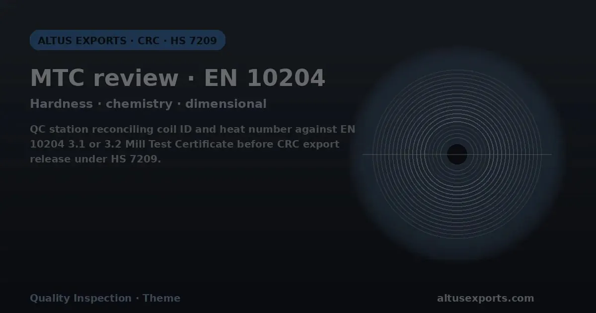 Quality inspector reviewing an EN 10204 mill test certificate beside a cold rolled coil sample with thickness and hardness gauges for CRC export release