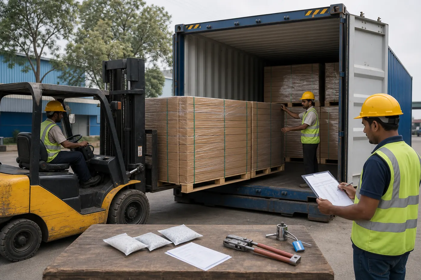 Flat corrugated box bundles loaded into a clean export shipping container