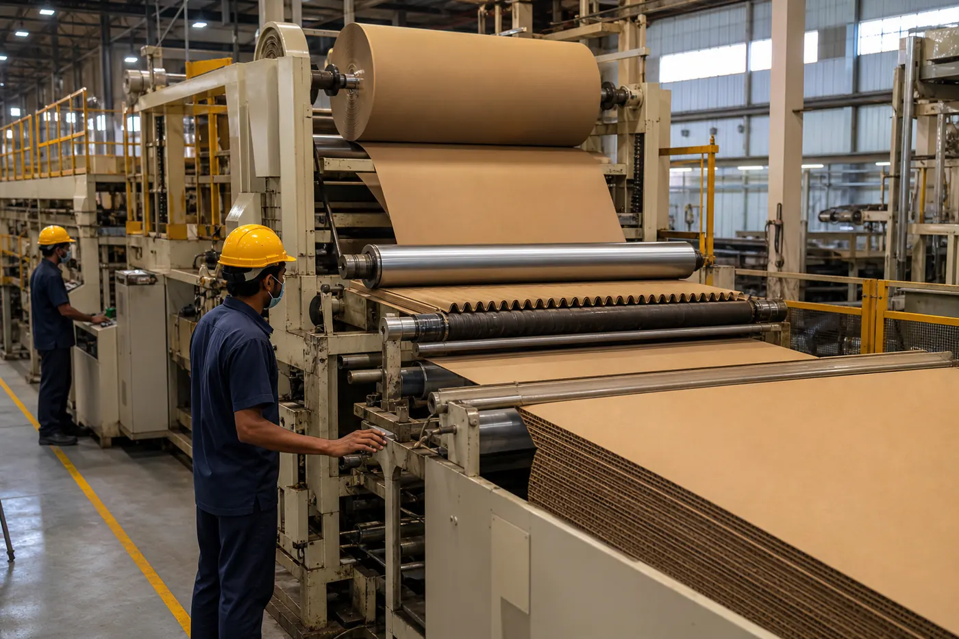 Indian corrugated box manufacturing line forming fluted board and converting cartons