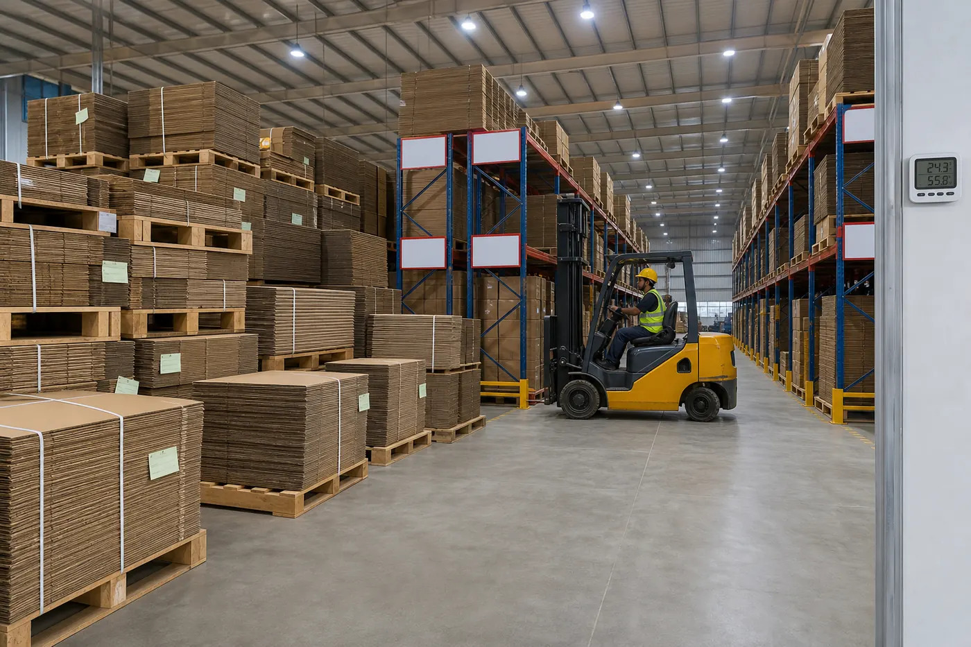 Corrugated box warehouse inventory organized for shipment reconciliation and receiving
