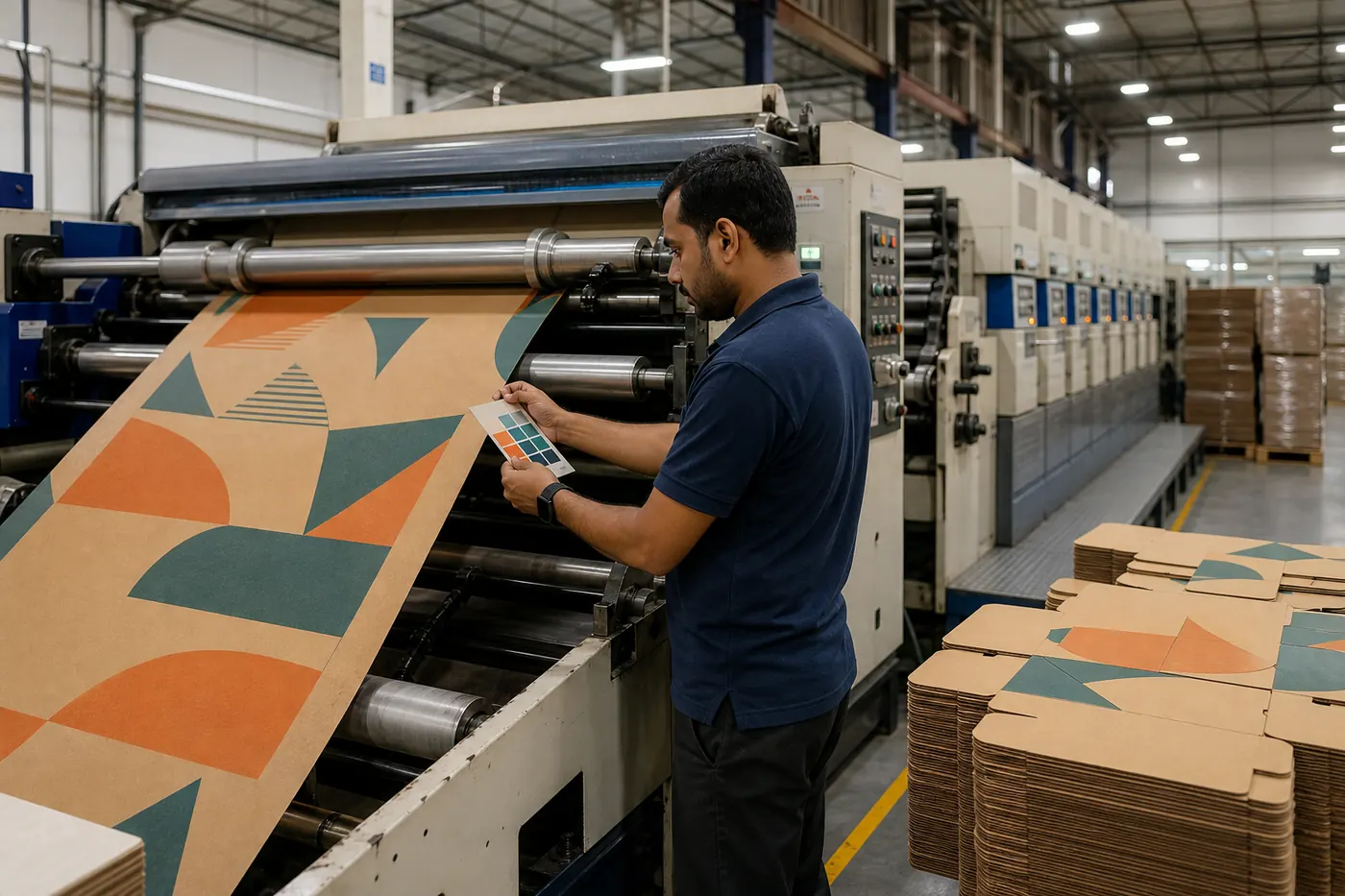Custom printed corrugated box production with controlled artwork and print registration