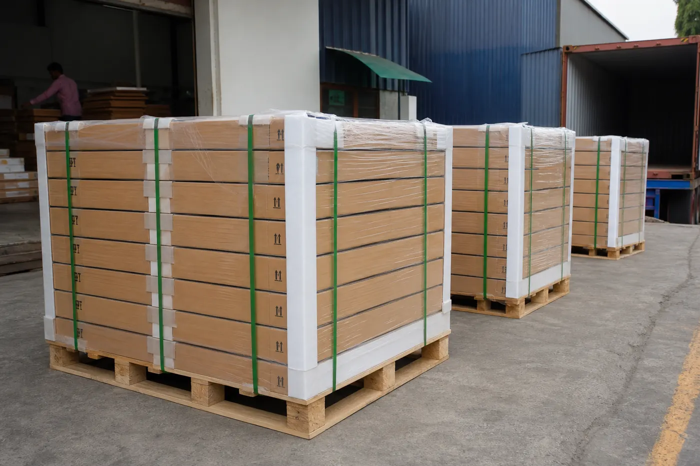 Flat-packed corrugated export boxes secured in counted protective bundles