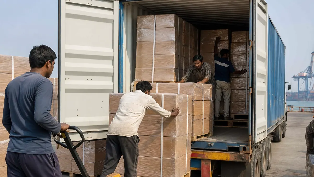 Workers stuffing palletised cotton home textile cartons into an ocean shipping container for FCL export from India
