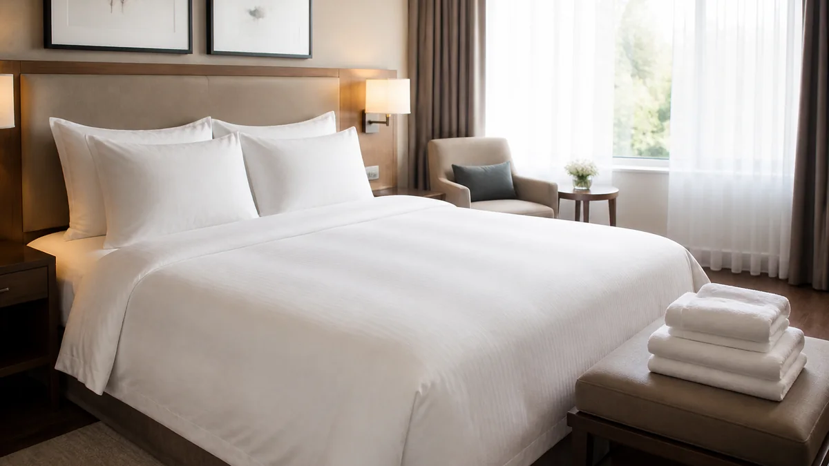 Hotel bedroom dressed with crisp white cotton bed linen and folded terry bath towels — hospitality end use for Indian home textiles
